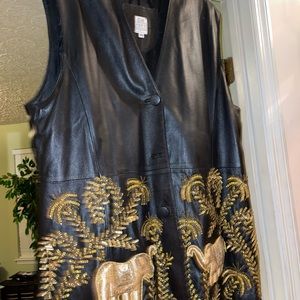 Black leather vest with gold embroidery